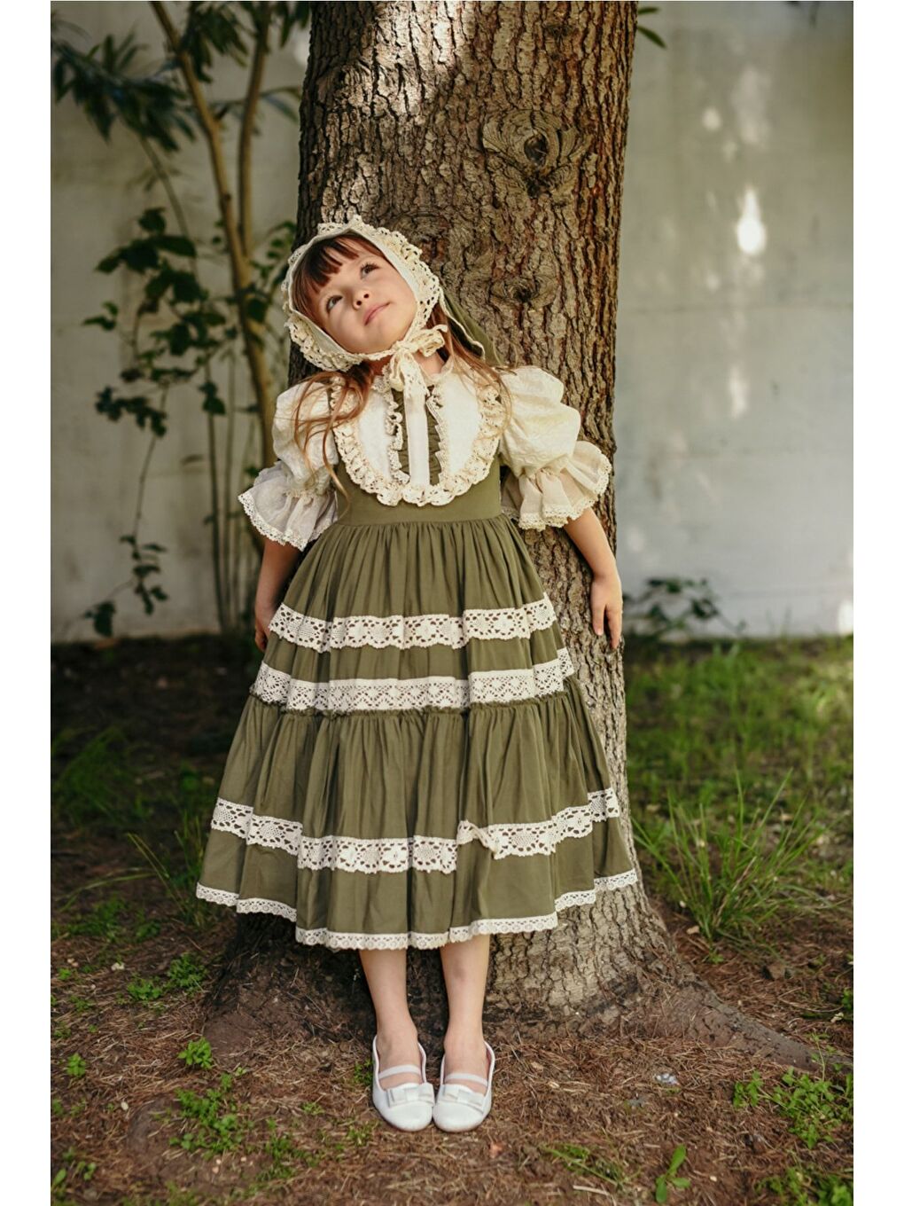 Yeşil Bandanalı Dantel Detaylı Tasarım Vintage Kız Çocuk Elbise_M2206-6