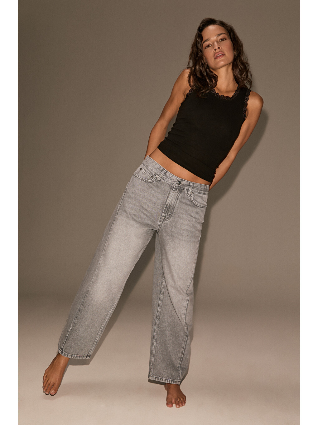 Nore Kadın Standart Bel Barel Relaxed Jean Gri Pantolon-1