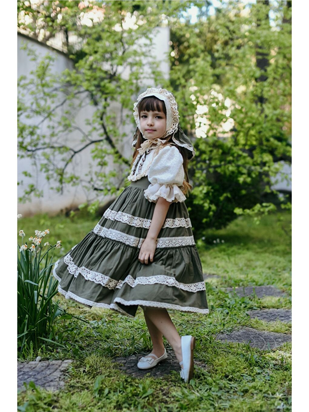 Yeşil Bandanalı Dantel Detaylı Tasarım Vintage Kız Çocuk Elbise_M2206-7