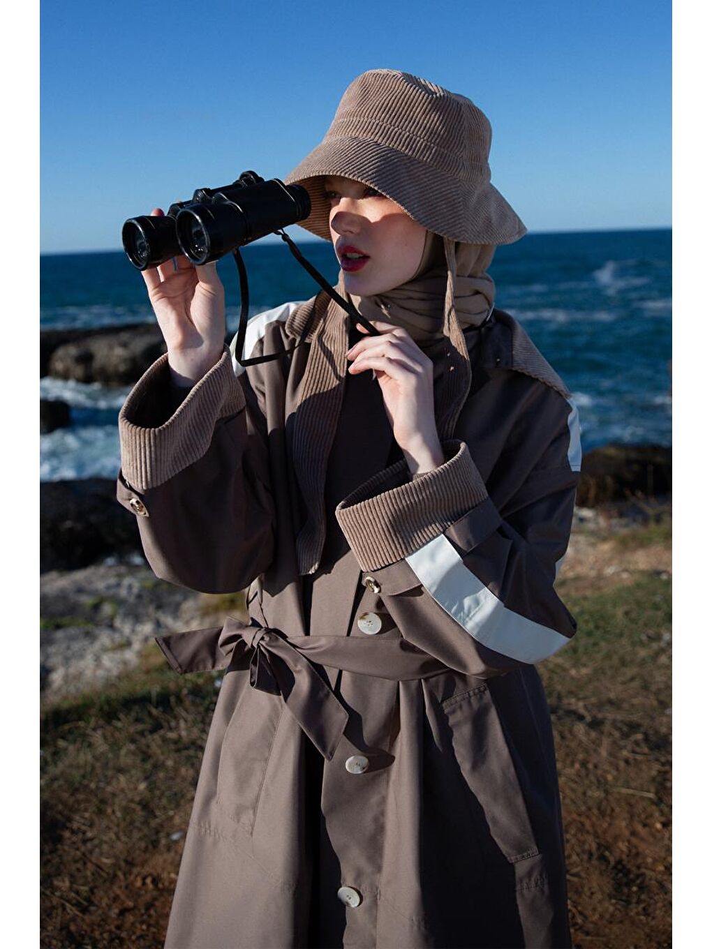 Bej Vizon-Kumaş Mixli Oversize Trençkot