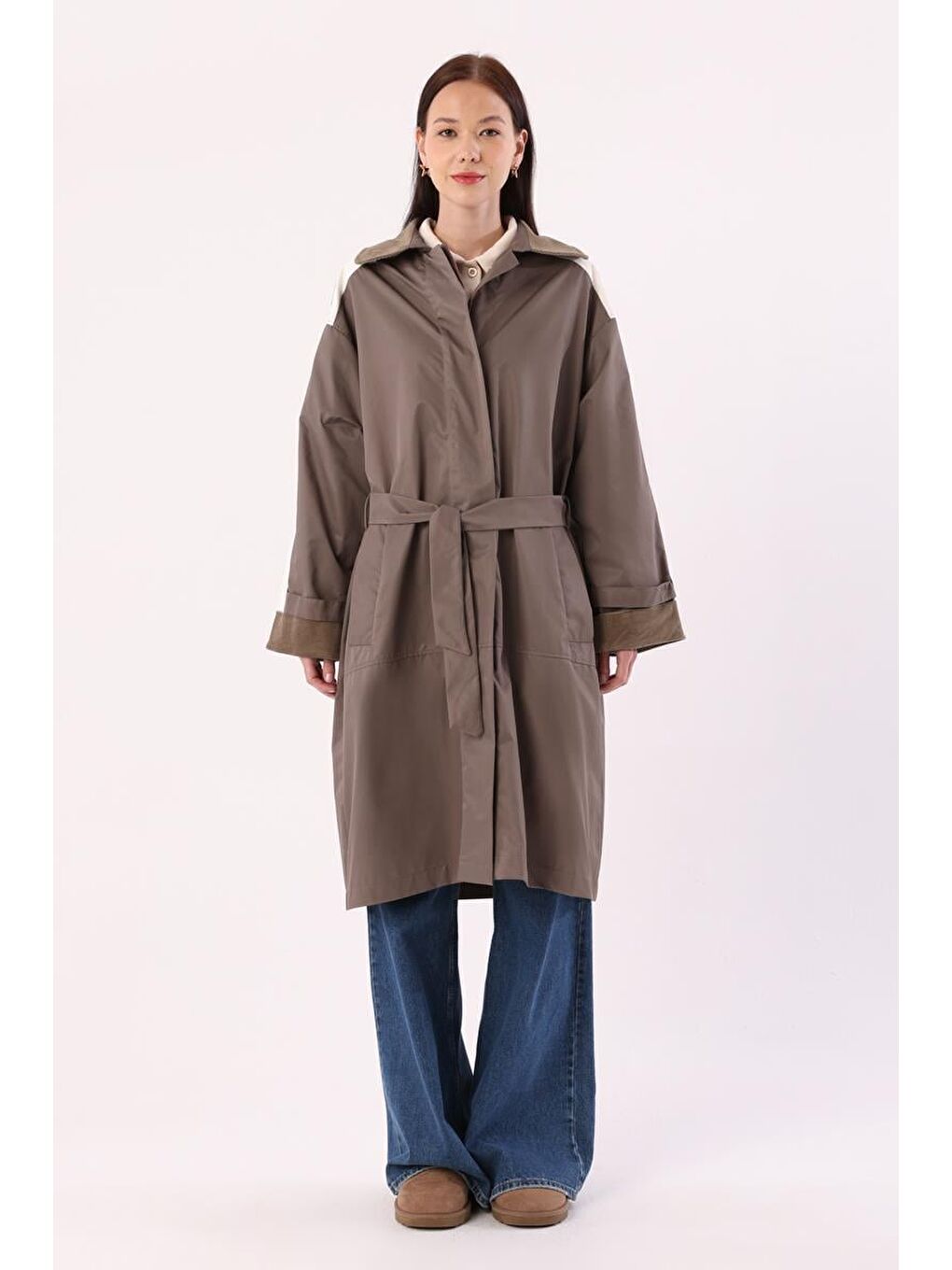 Bej Vizon-Kumaş Mixli Oversize Trençkot-1