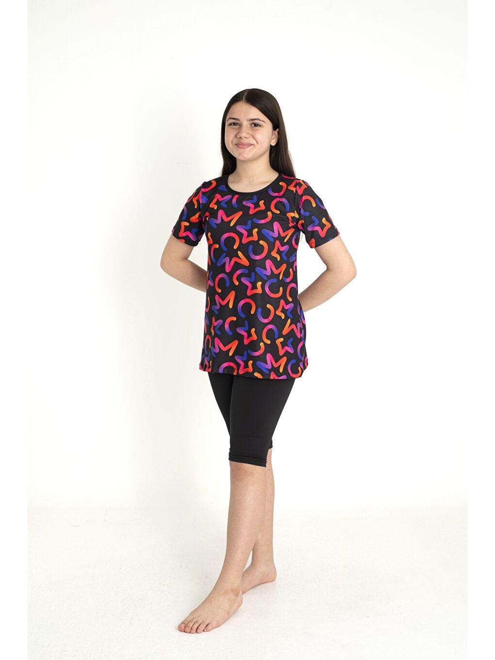 Siyah Kısa Kollu Taytlı Kız Çocuk Mayo 35109