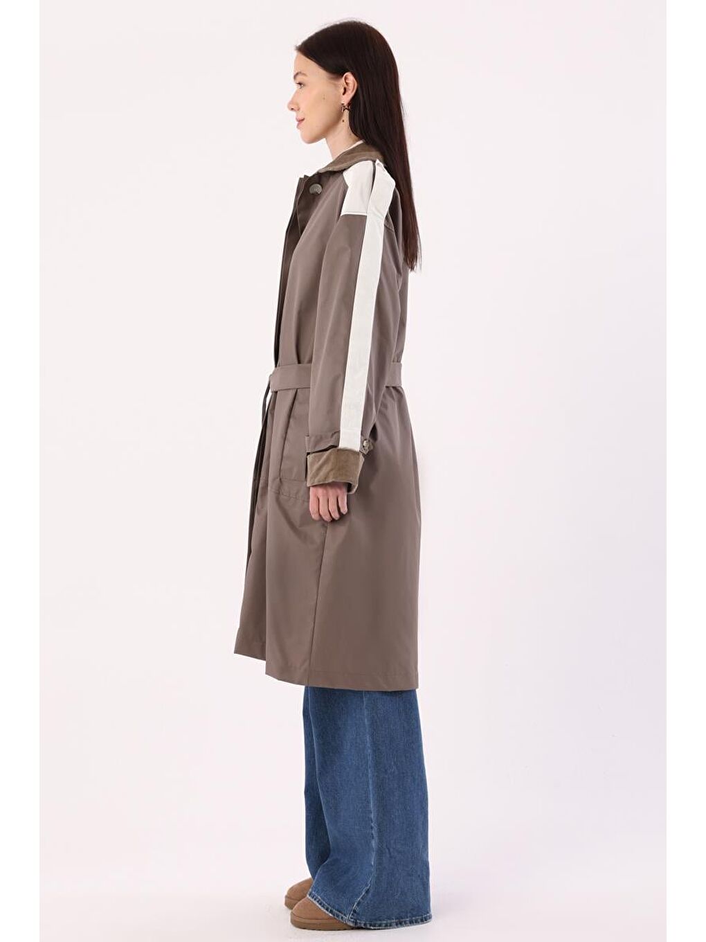 Bej Vizon-Kumaş Mixli Oversize Trençkot-2