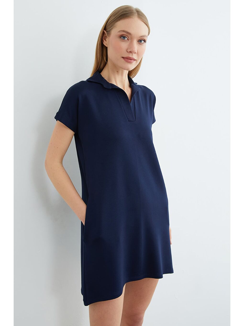 Lacivert Basic Polo Yaka Cepli Mini Boy Elbise