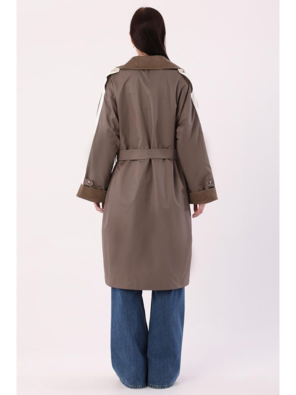 Bej Vizon-Kumaş Mixli Oversize Trençkot-3