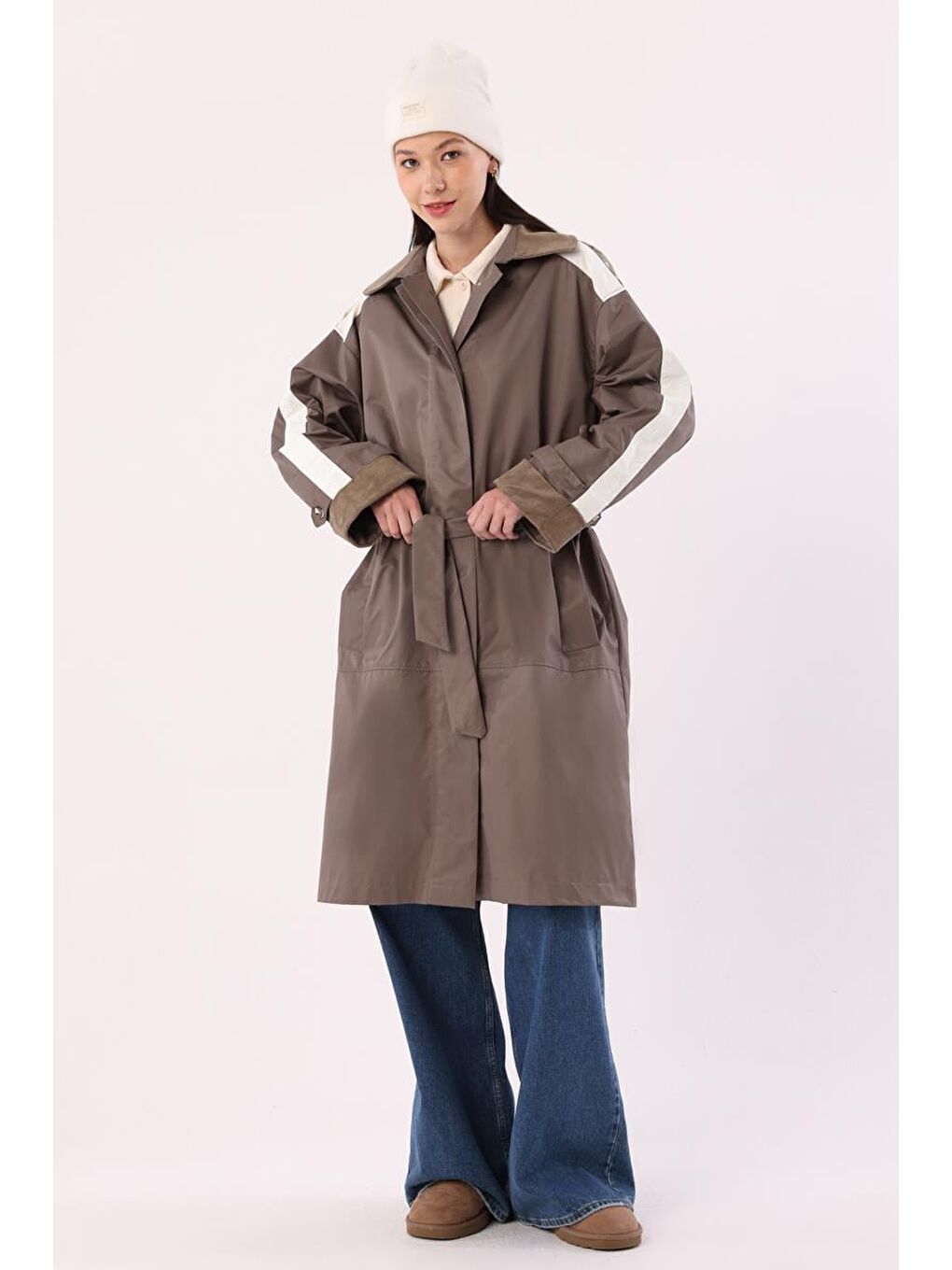 Bej Vizon-Kumaş Mixli Oversize Trençkot-4