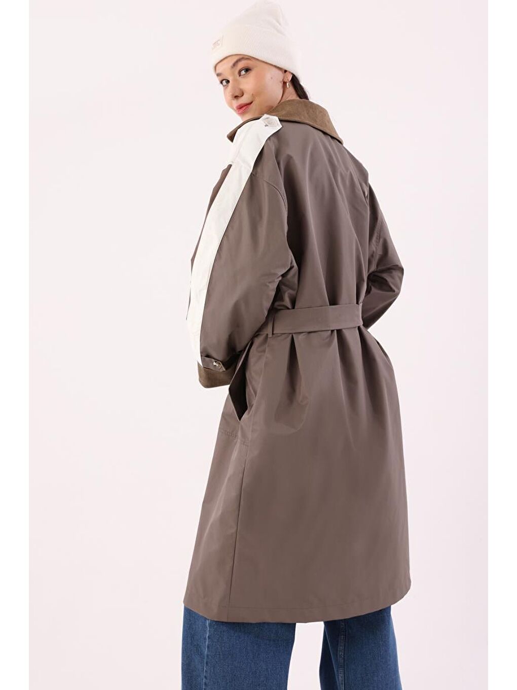 Bej Vizon-Kumaş Mixli Oversize Trençkot-5