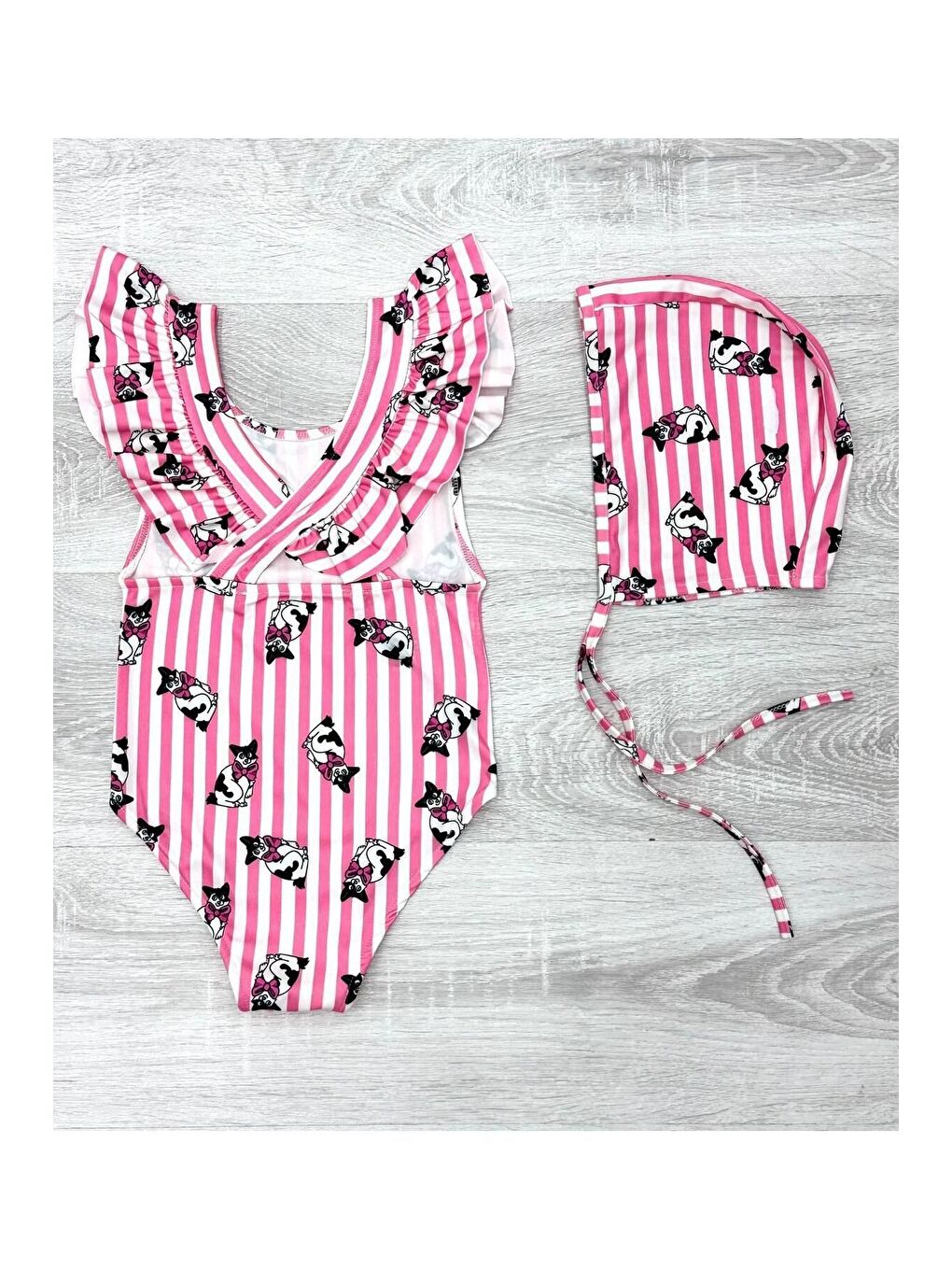 Pembe Sırttan Çapraz Fırfır Detaylı Boneli Kız Çocuk Mayo-1