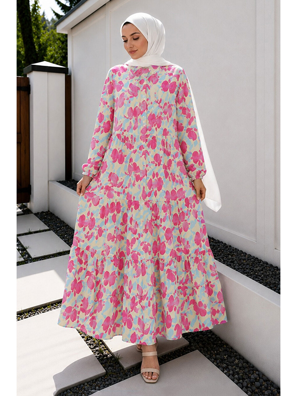 Pat Detaylı Yaprak Desenli Elbise Tsd260261 Pembe-4