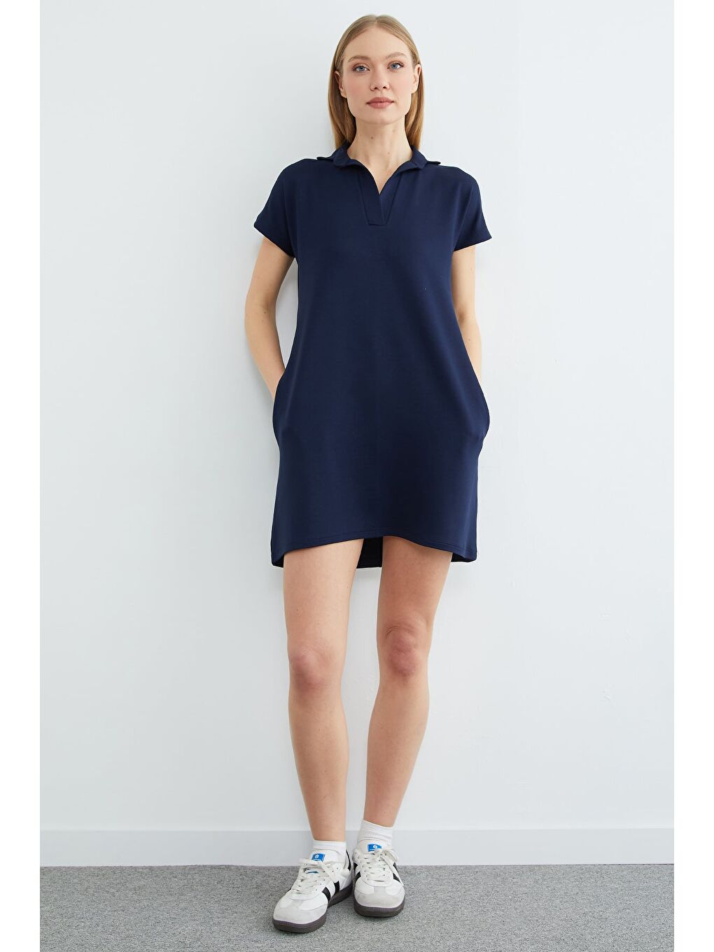 Lacivert Basic Polo Yaka Cepli Mini Boy Elbise-1