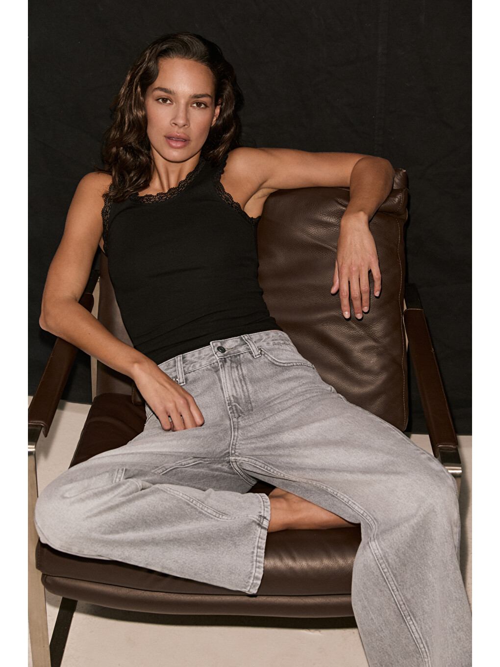 Nore Kadın Standart Bel Barel Relaxed Jean Gri Pantolon-2