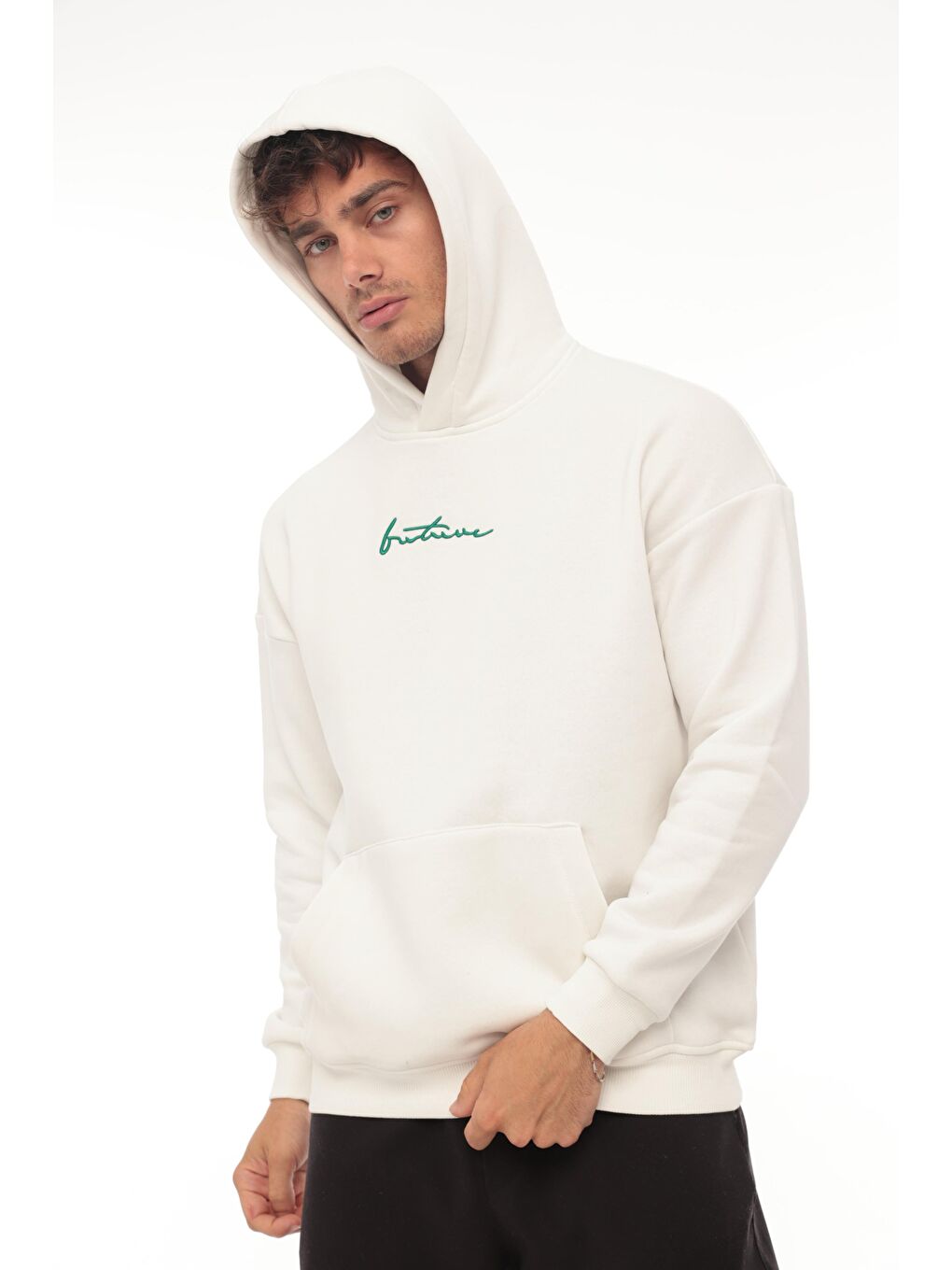 Miron Beyaz Sırtı Baskılı Kapüşonlu Üç İplik Oversize Sweatshirt  2441 - 4