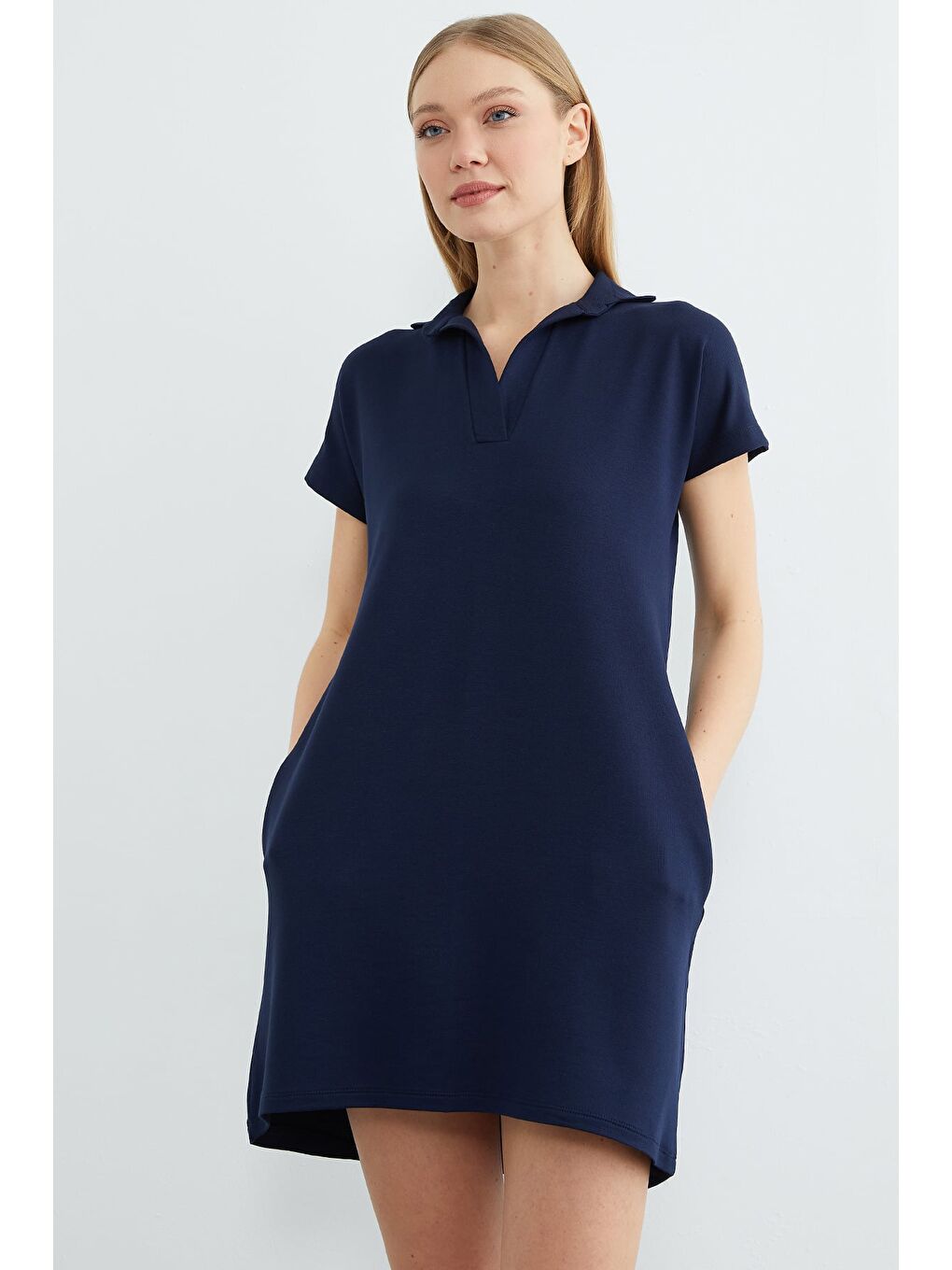 Lacivert Basic Polo Yaka Cepli Mini Boy Elbise-2