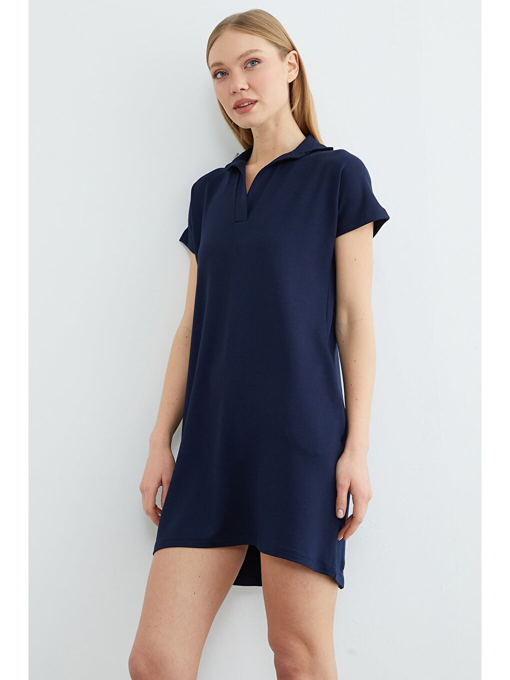 Lacivert Basic Polo Yaka Cepli Mini Boy Elbise-4