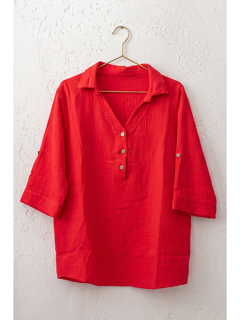 Kırmızı Gömlek Yaka Düğmeli 3/4 Kol Casual Müslin Oversize Dokuma 67 67-1
