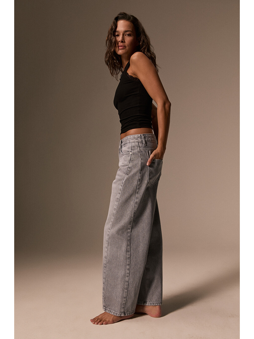 Nore Kadın Standart Bel Barel Relaxed Jean Gri Pantolon-3