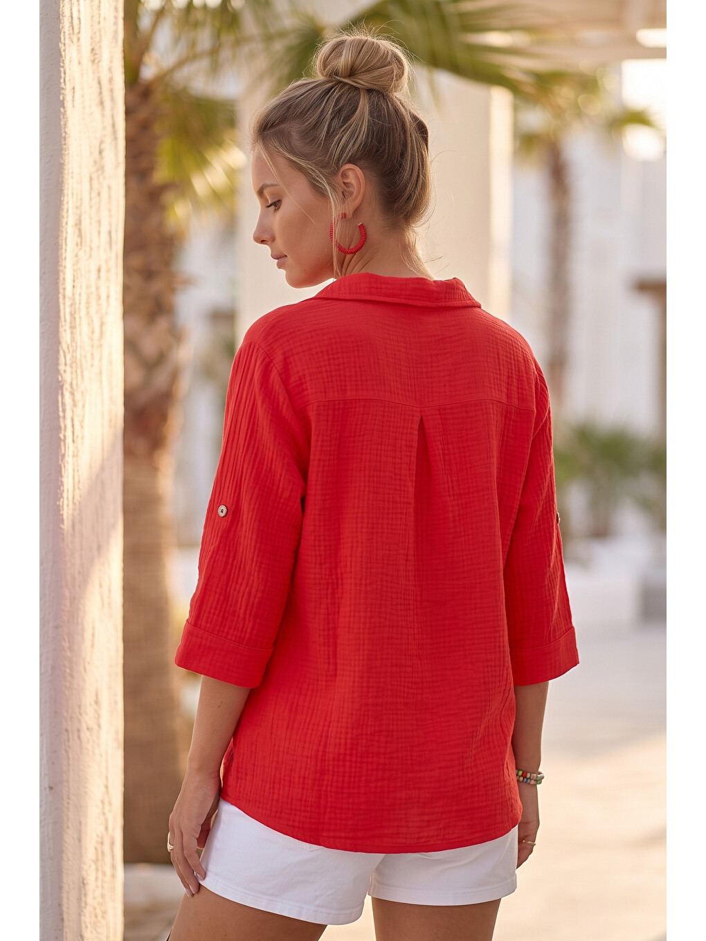 Kırmızı Gömlek Yaka Düğmeli 3/4 Kol Casual Müslin Oversize Dokuma 67 67-2