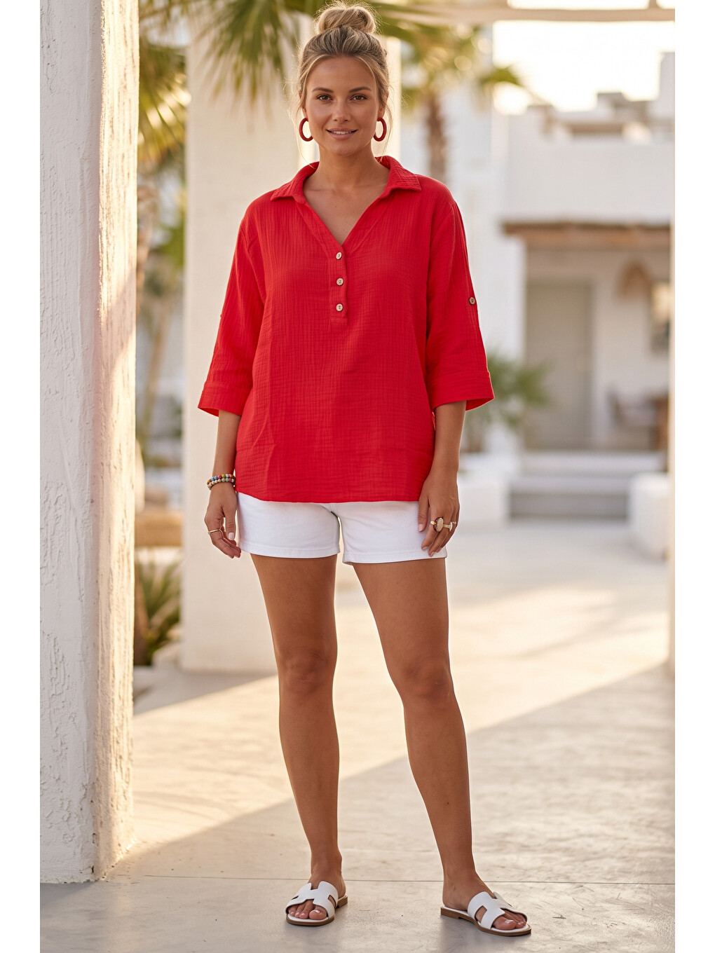 Kırmızı Gömlek Yaka Düğmeli 3/4 Kol Casual Müslin Oversize Dokuma 67 67-3