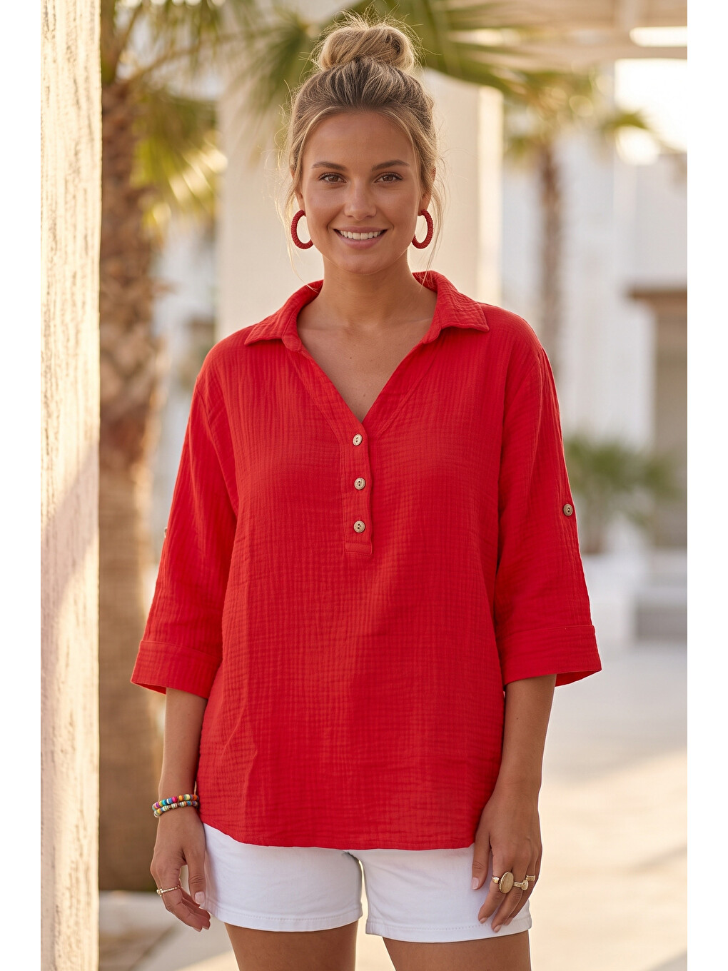 Kırmızı Gömlek Yaka Düğmeli 3/4 Kol Casual Müslin Oversize Dokuma 67 67-4