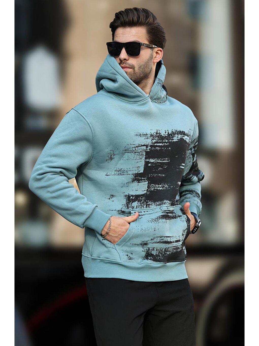 Mavi Kapüşonlu Desenli Cep Detaylı  Erkek Hoodie 7059