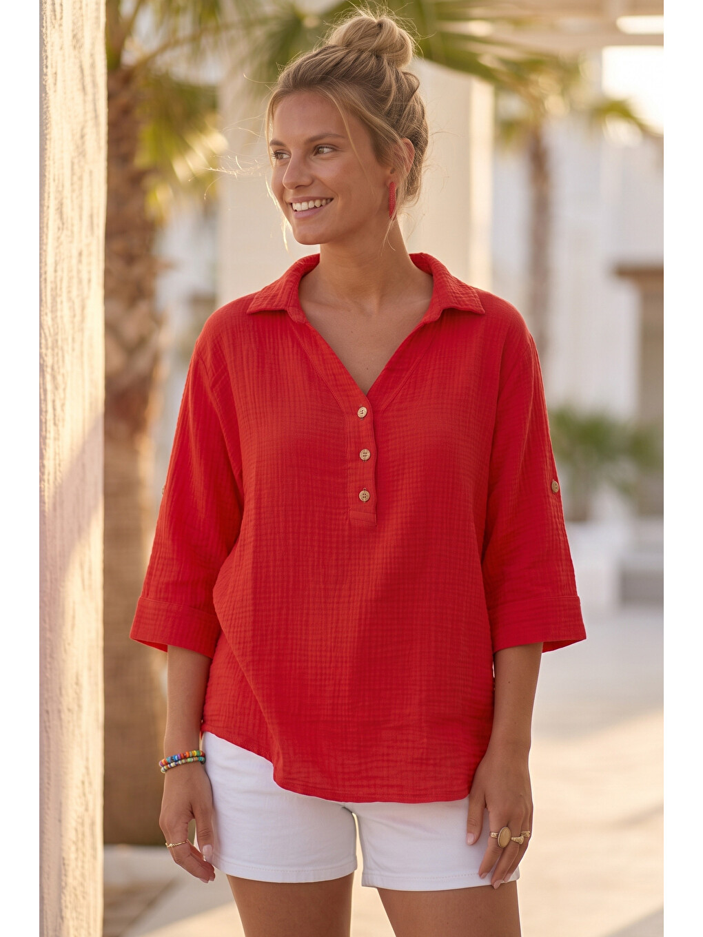 Kırmızı Gömlek Yaka Düğmeli 3/4 Kol Casual Müslin Oversize Dokuma 67 67-5