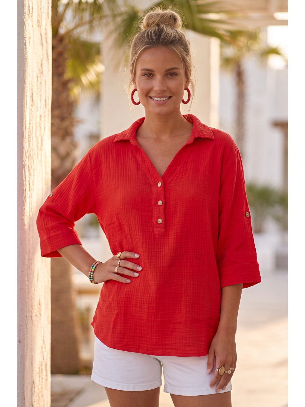 Kırmızı Gömlek Yaka Düğmeli 3/4 Kol Casual Müslin Oversize Dokuma 67 67-6