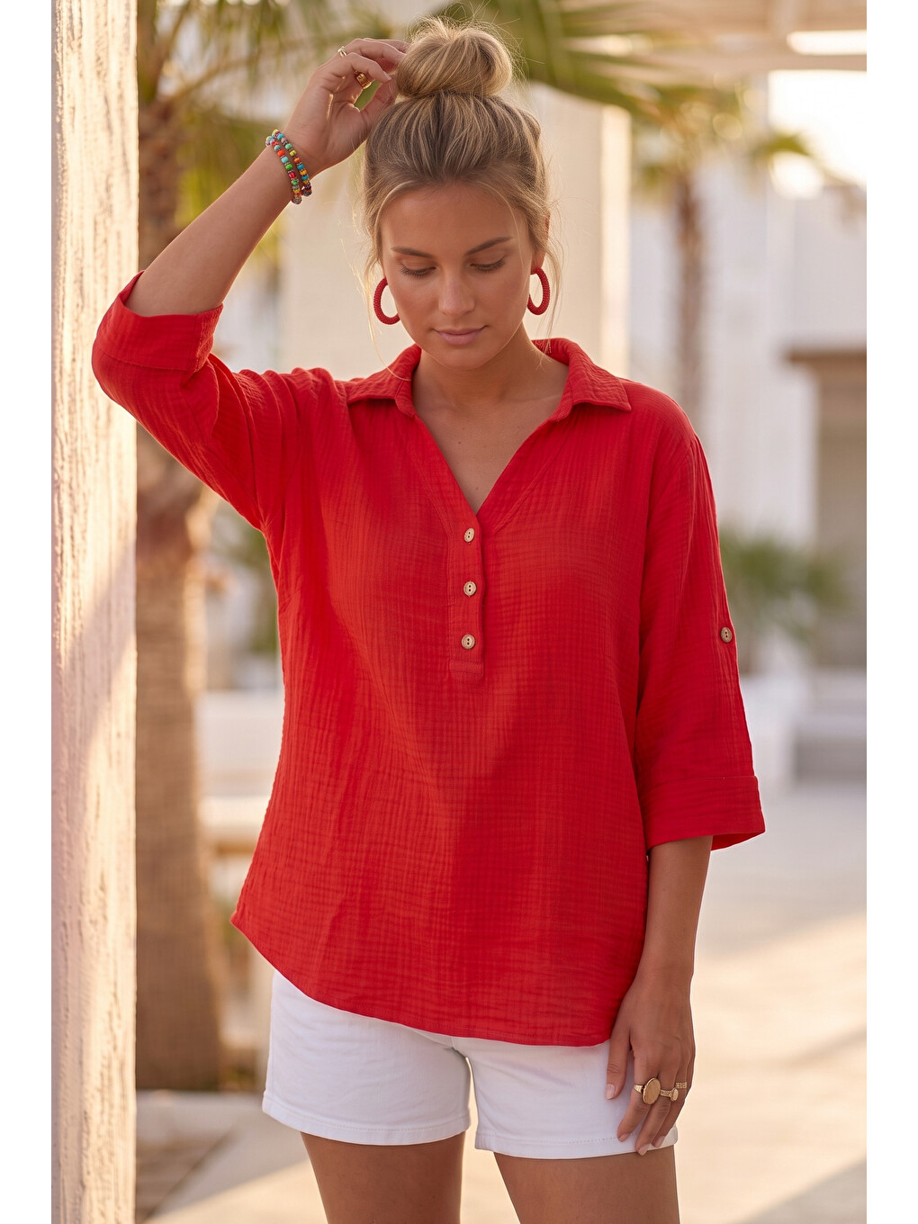 Kırmızı Gömlek Yaka Düğmeli 3/4 Kol Casual Müslin Oversize Dokuma 67 67-7