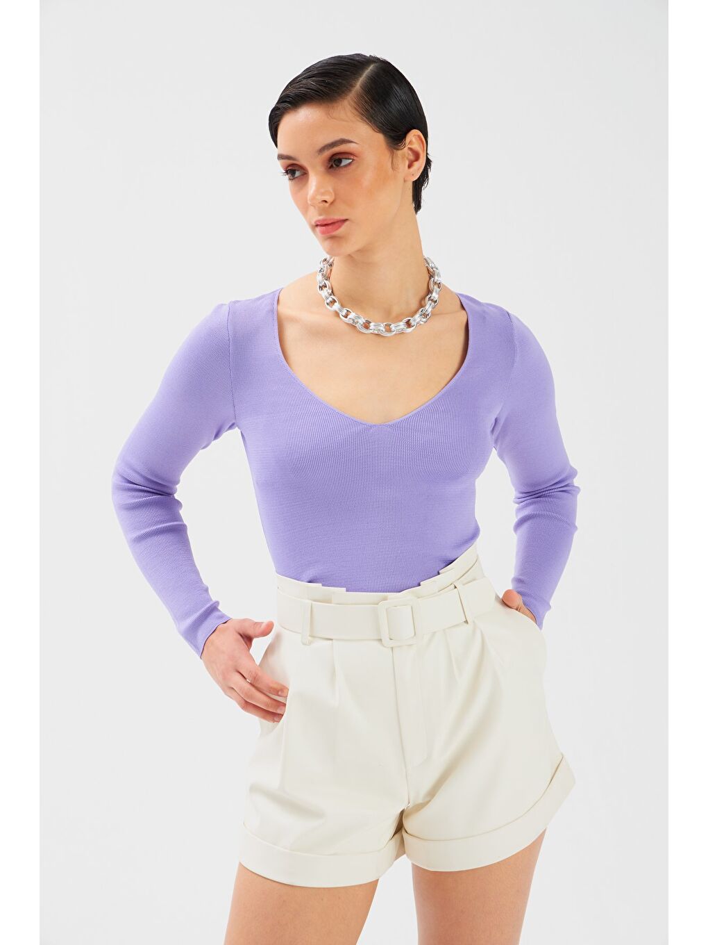 V Yaka Crop Triko - Lila