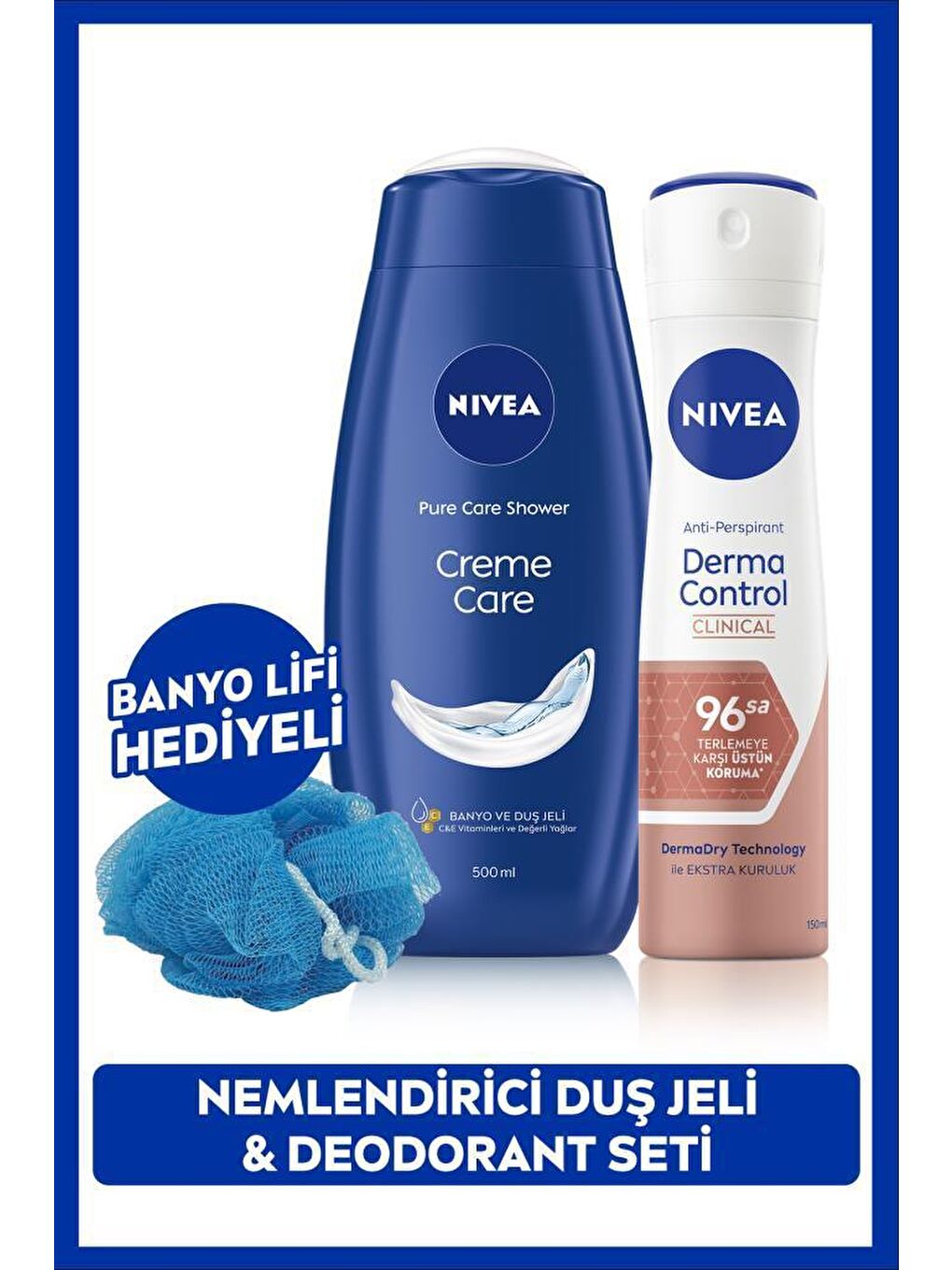 NIVEA Şeffaf Kadın Sprey Deodorant Derma Control Clinical 150ml ve Creme Care Duş Jeli 500ml, Banyo Lifi Hediyeli