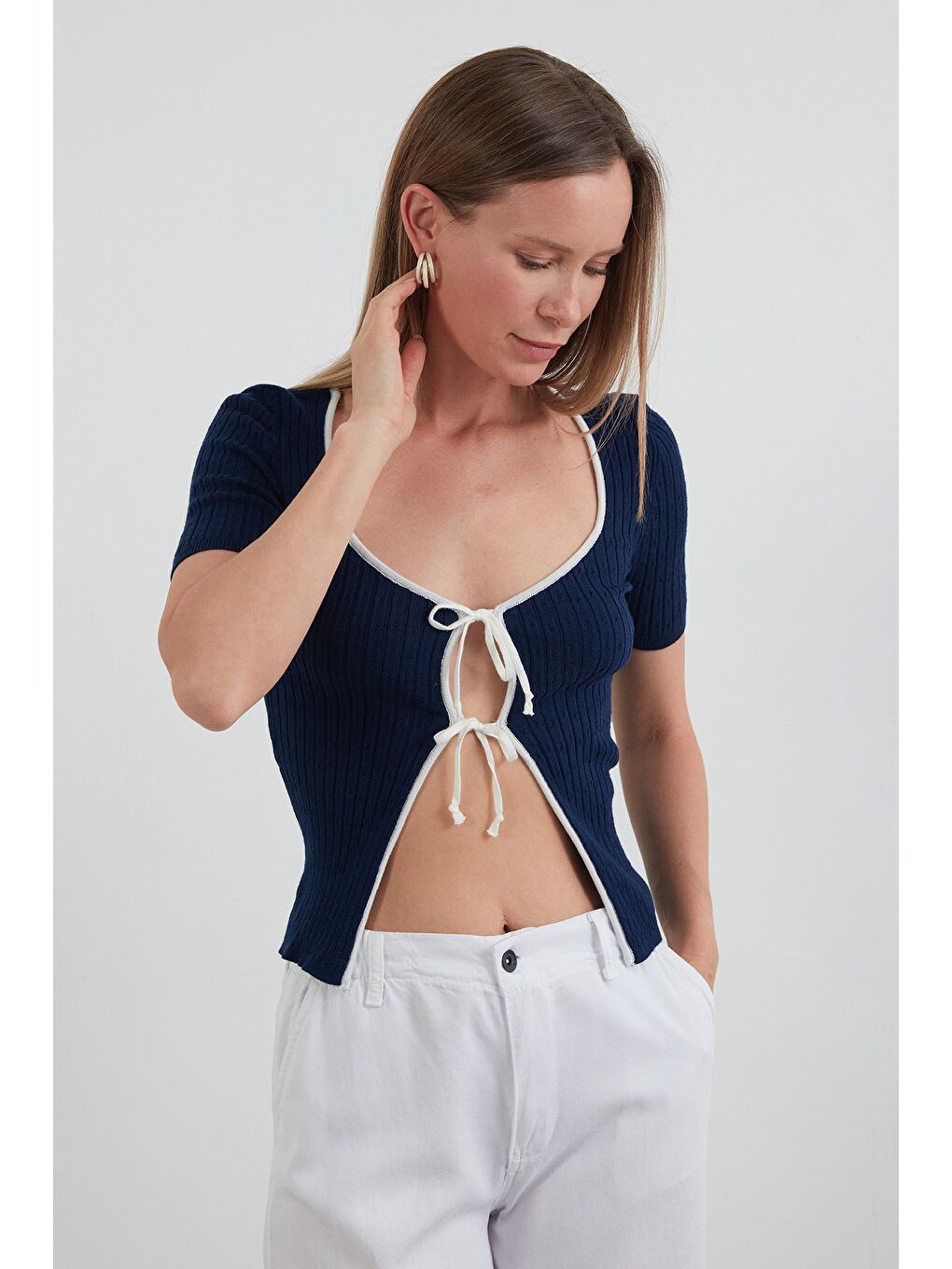 Lacivert Fitilli Bağlamalı Triko Bluz-2