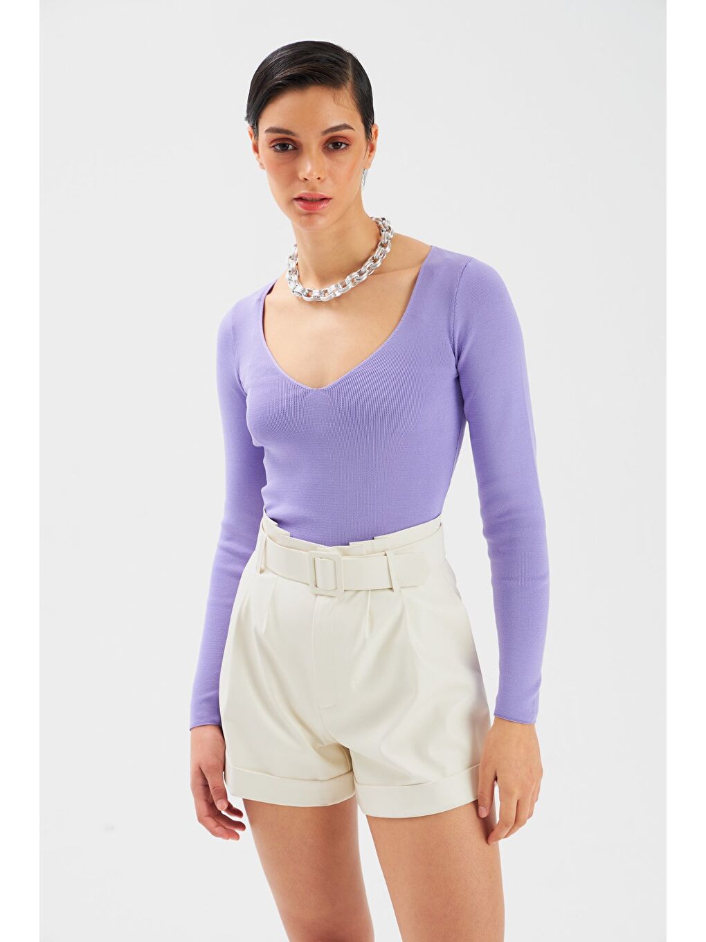 V Yaka Crop Triko - Lila-1