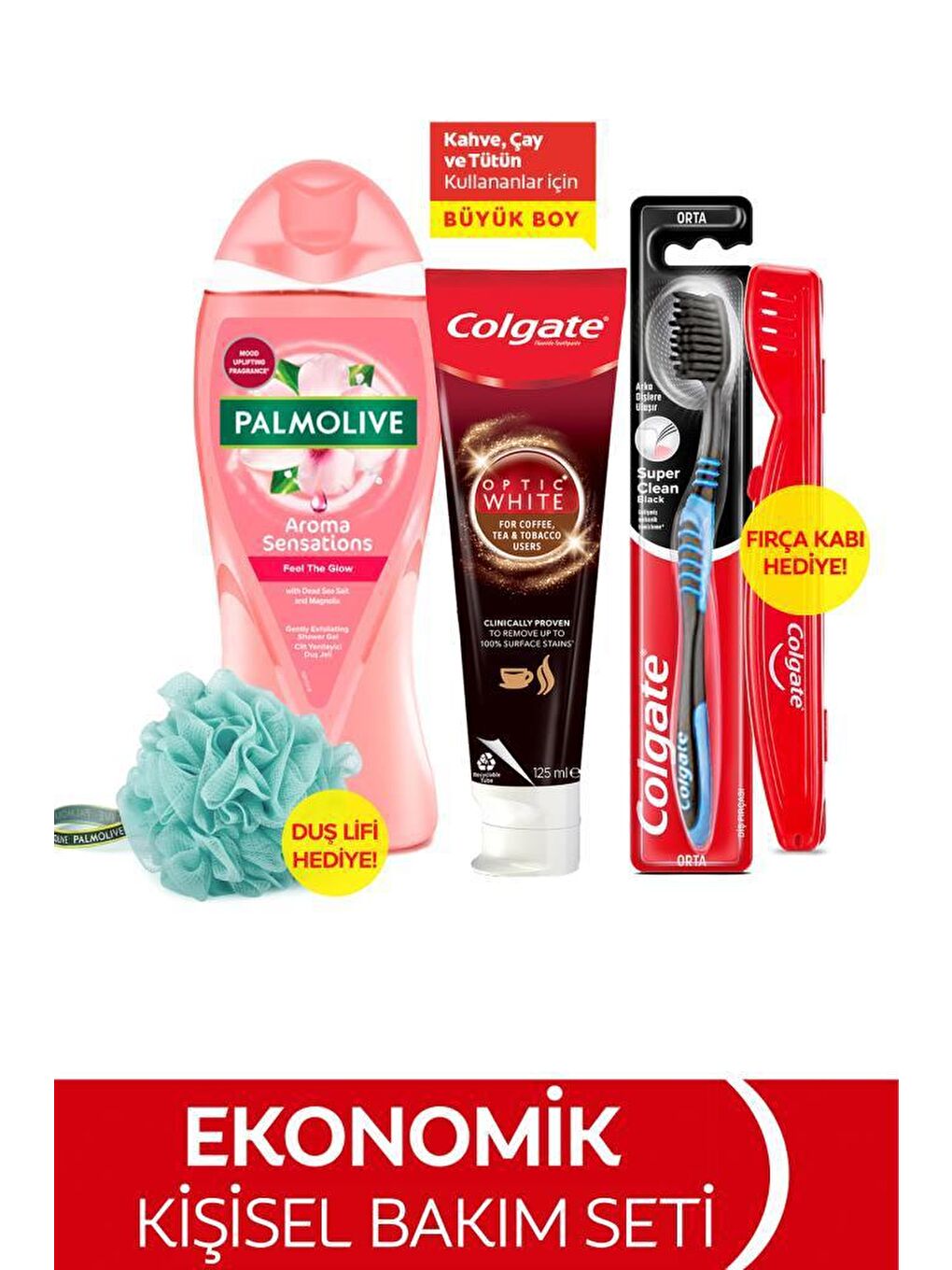 Colgate Beyaz Diş Macunu 125 ml, Orta Diş Fırçası, Palmolive Duş Jeli 500 ml + Duş Lifi & Fırça Kabı