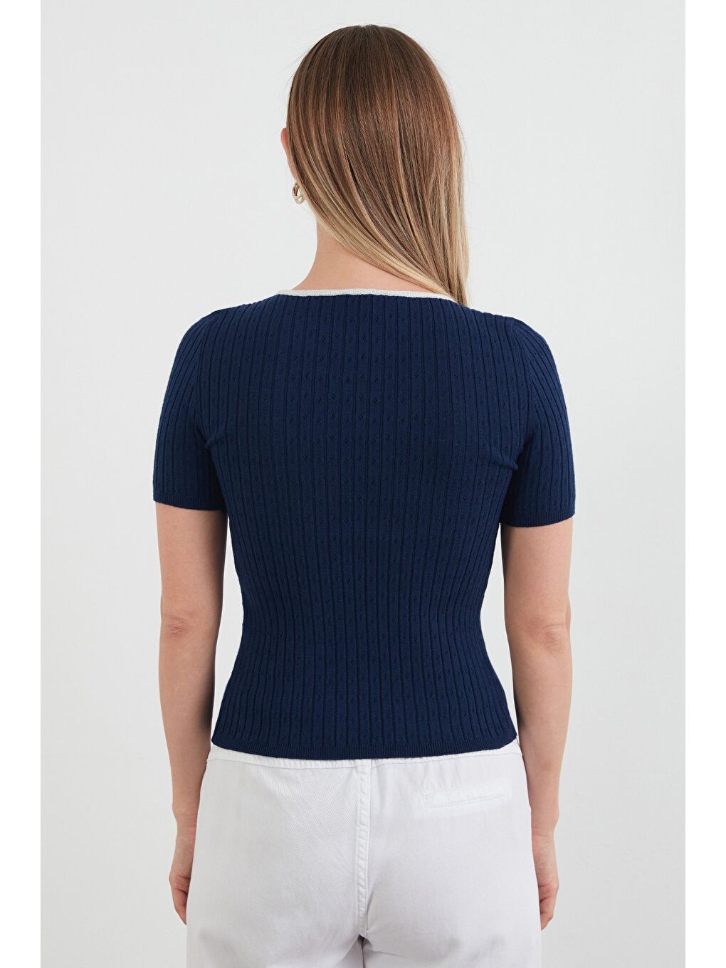 Lacivert Fitilli Bağlamalı Triko Bluz-3