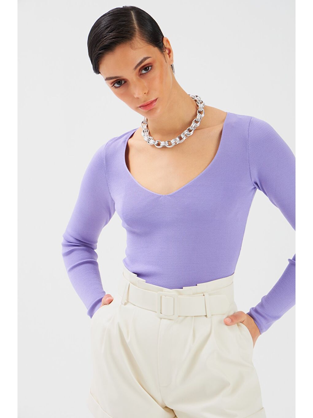 V Yaka Crop Triko - Lila-2