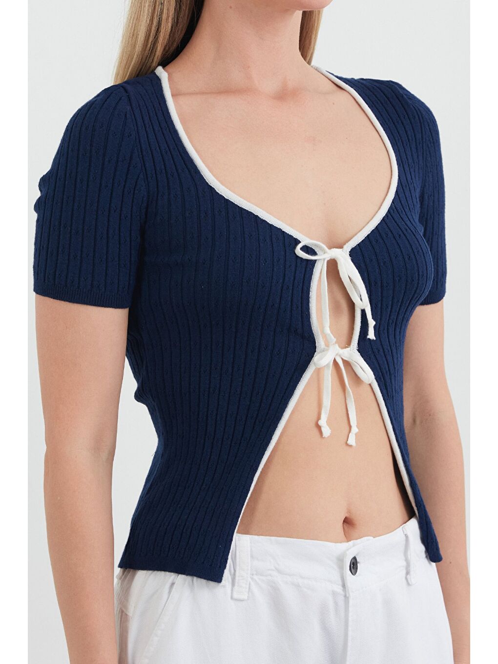 Lacivert Fitilli Bağlamalı Triko Bluz-4