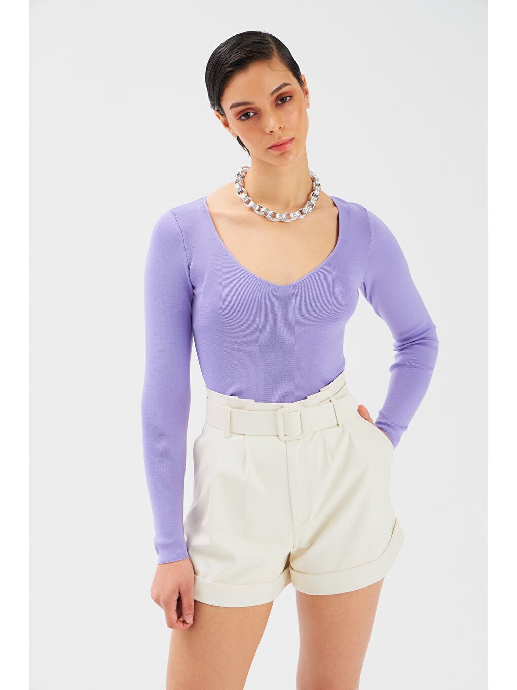 V Yaka Crop Triko - Lila-3