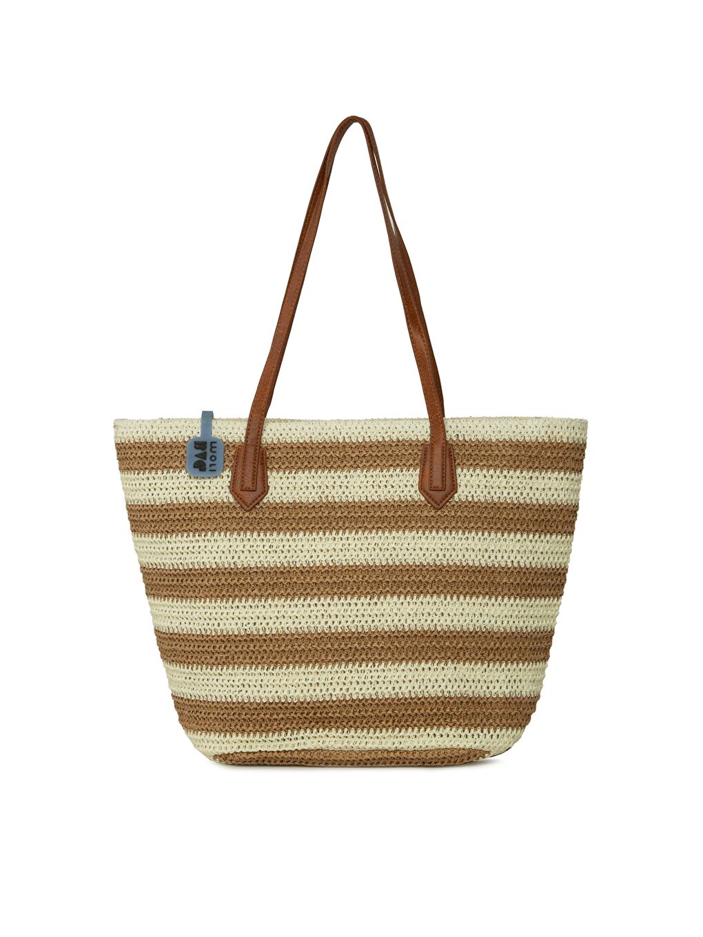 Bej Çizgili Hasır Tote Çanta-2