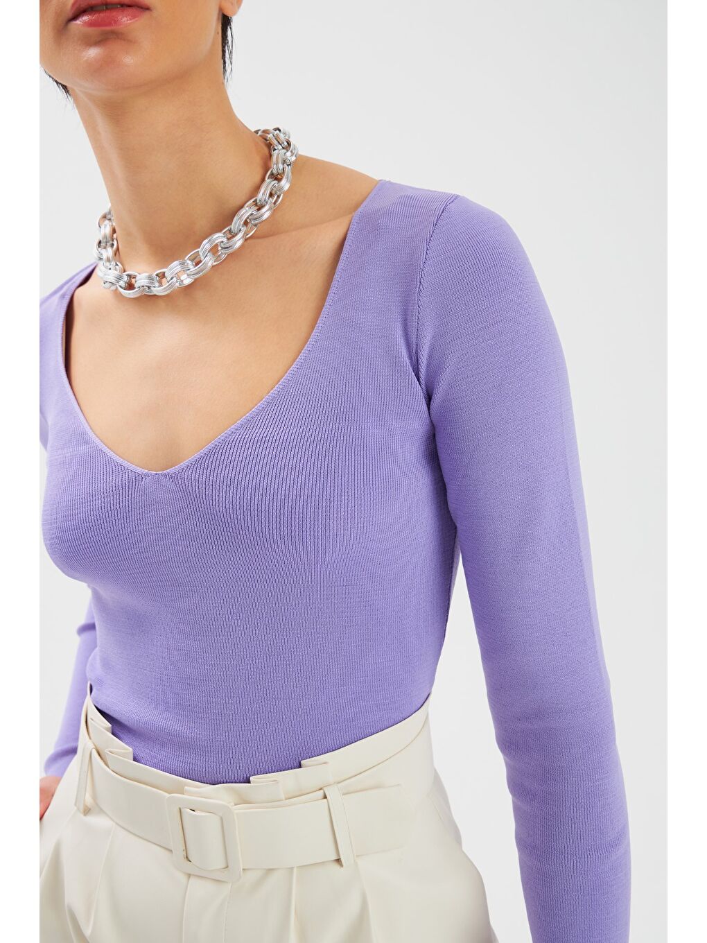 V Yaka Crop Triko - Lila-4