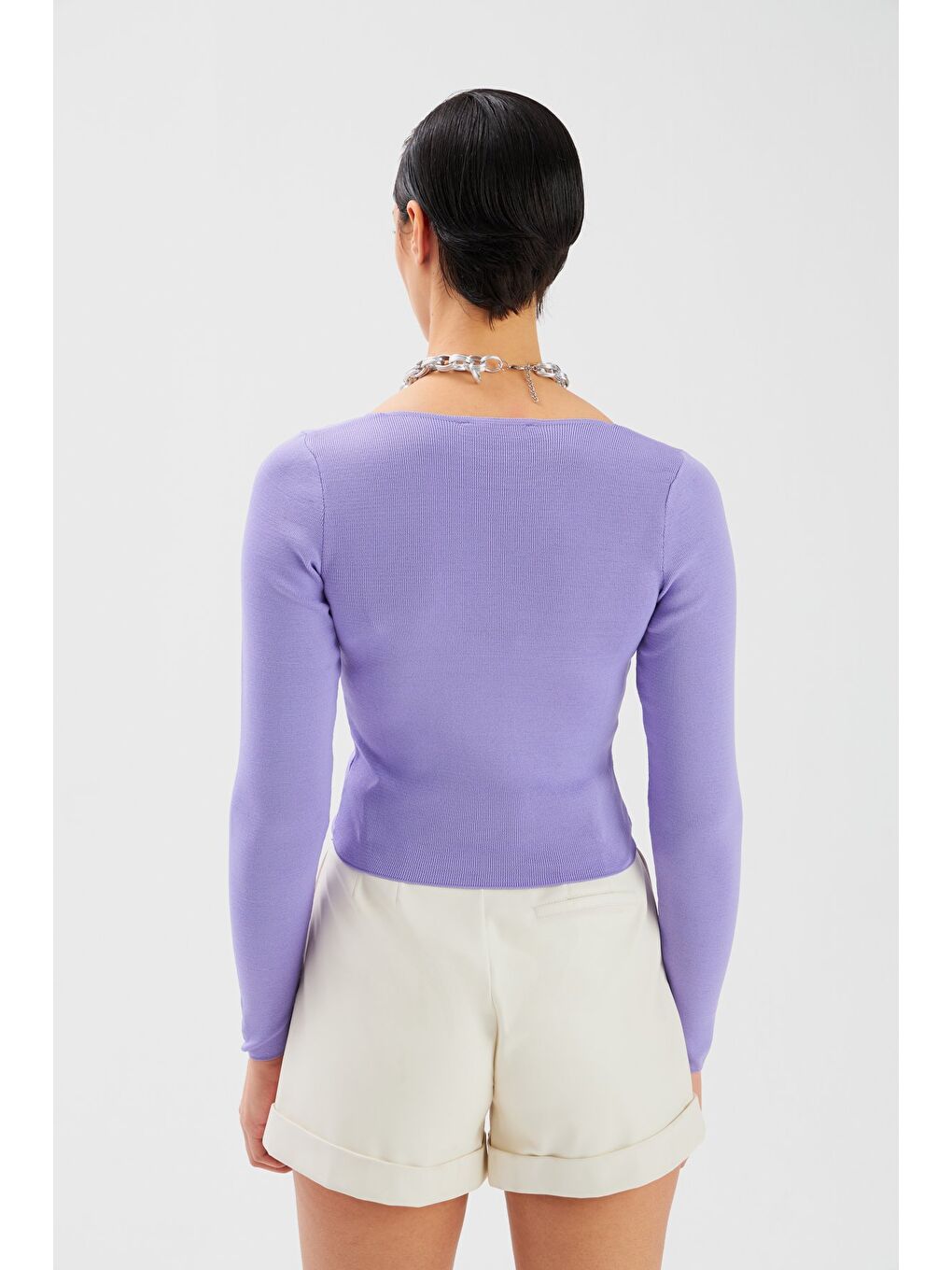 V Yaka Crop Triko - Lila-5