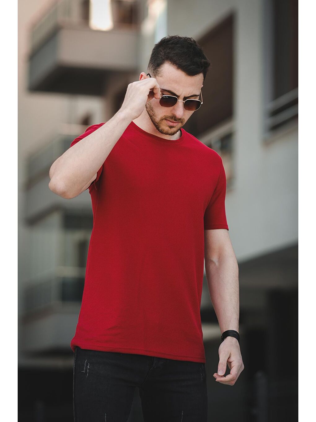 Bordo Ronath Slim Fit Waffle Desen Bisiklet Yaka Basic Erkek Tişört