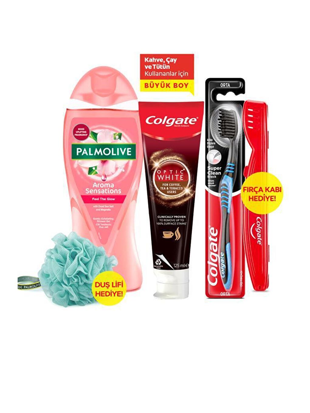 Colgate Beyaz Diş Macunu 125 ml, Orta Diş Fırçası, Palmolive Duş Jeli 500 ml + Duş Lifi & Fırça Kabı - 6