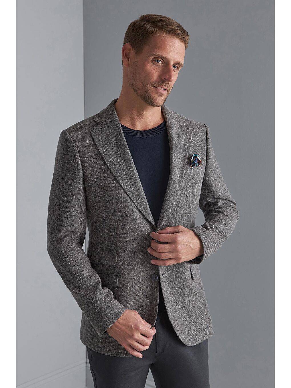 Erkek Gri  / Rahat Kalıp Mono Yaka Ceket-1