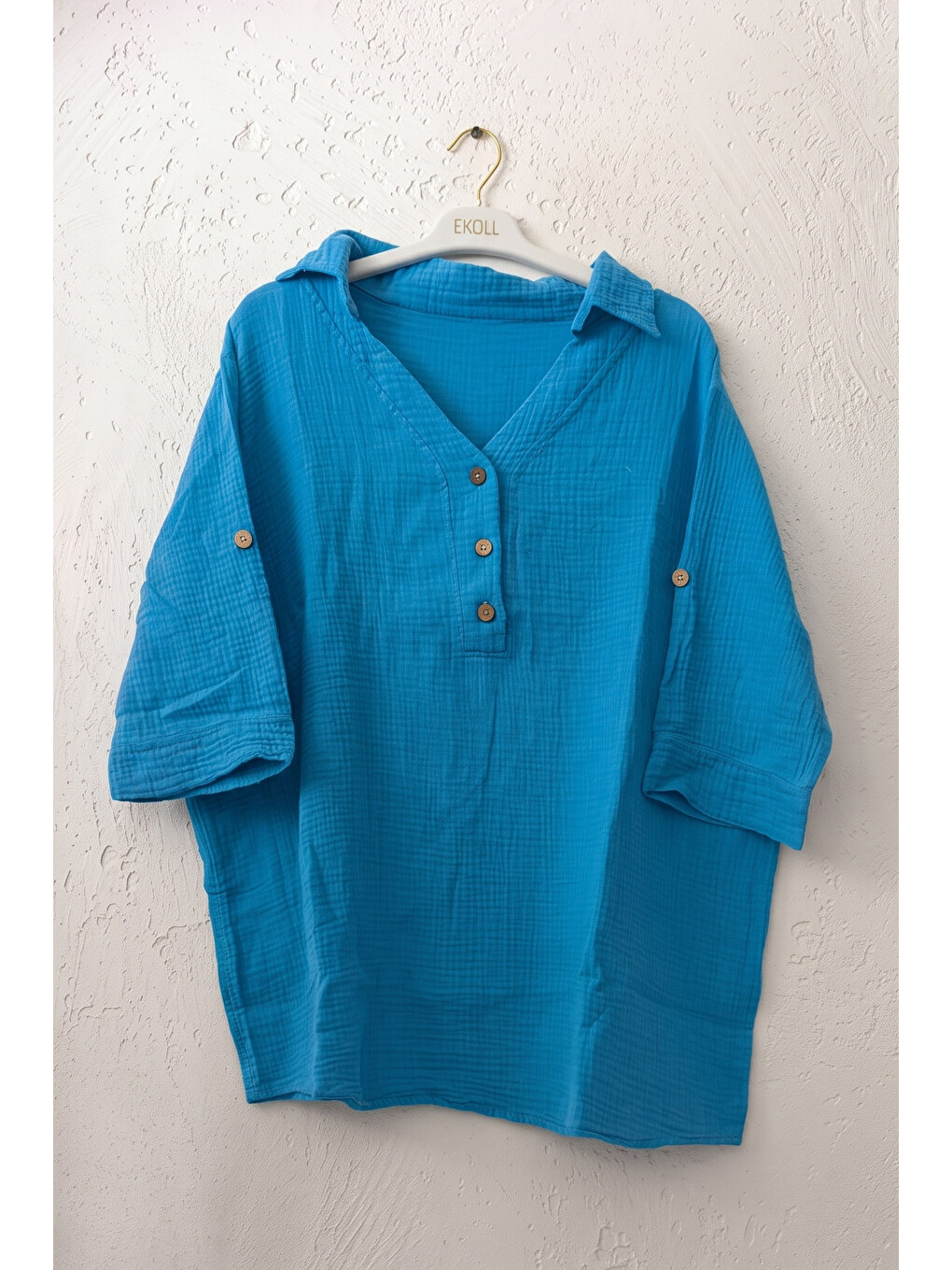 Açık Mavi Gömlek Yaka Düğmeli 3/4 Kol Casual Müslin Oversize Dokuma 67 67-1