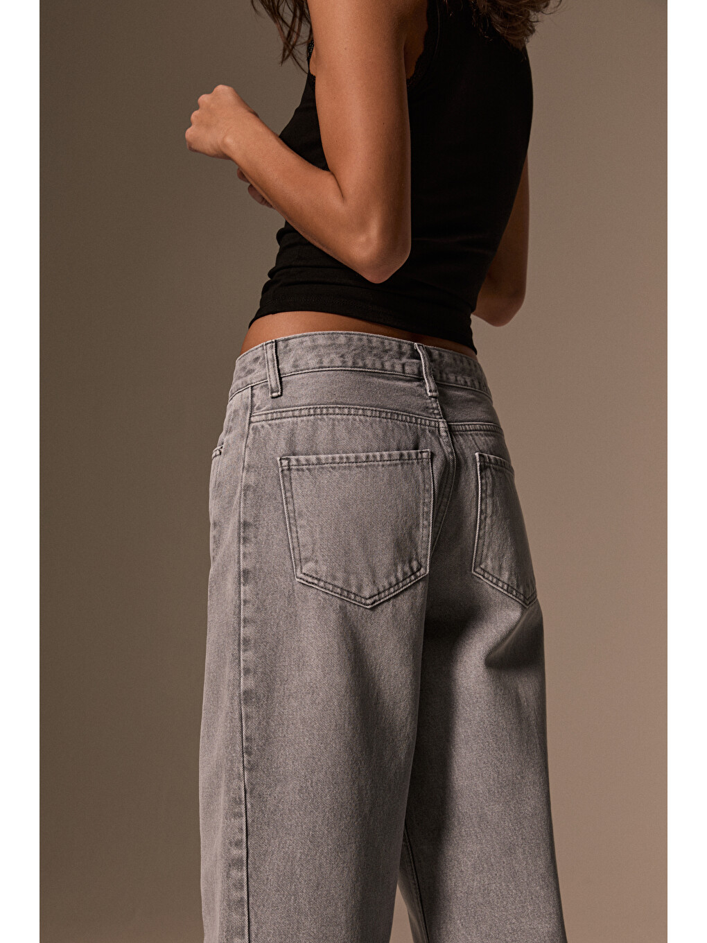 Nore Kadın Standart Bel Barel Relaxed Jean Gri Pantolon-5