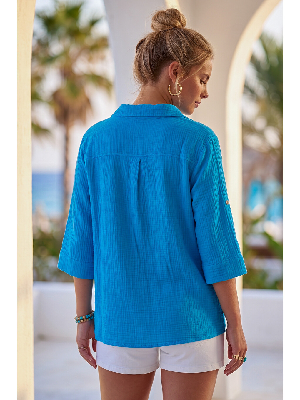 Açık Mavi Gömlek Yaka Düğmeli 3/4 Kol Casual Müslin Oversize Dokuma 67 67-2