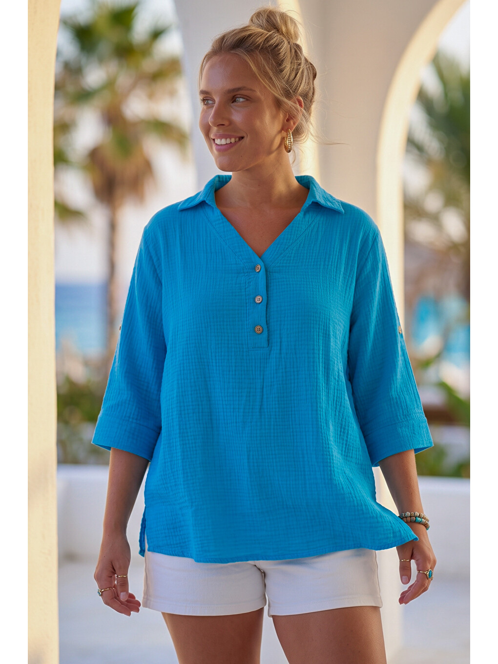 Açık Mavi Gömlek Yaka Düğmeli 3/4 Kol Casual Müslin Oversize Dokuma 67 67-4