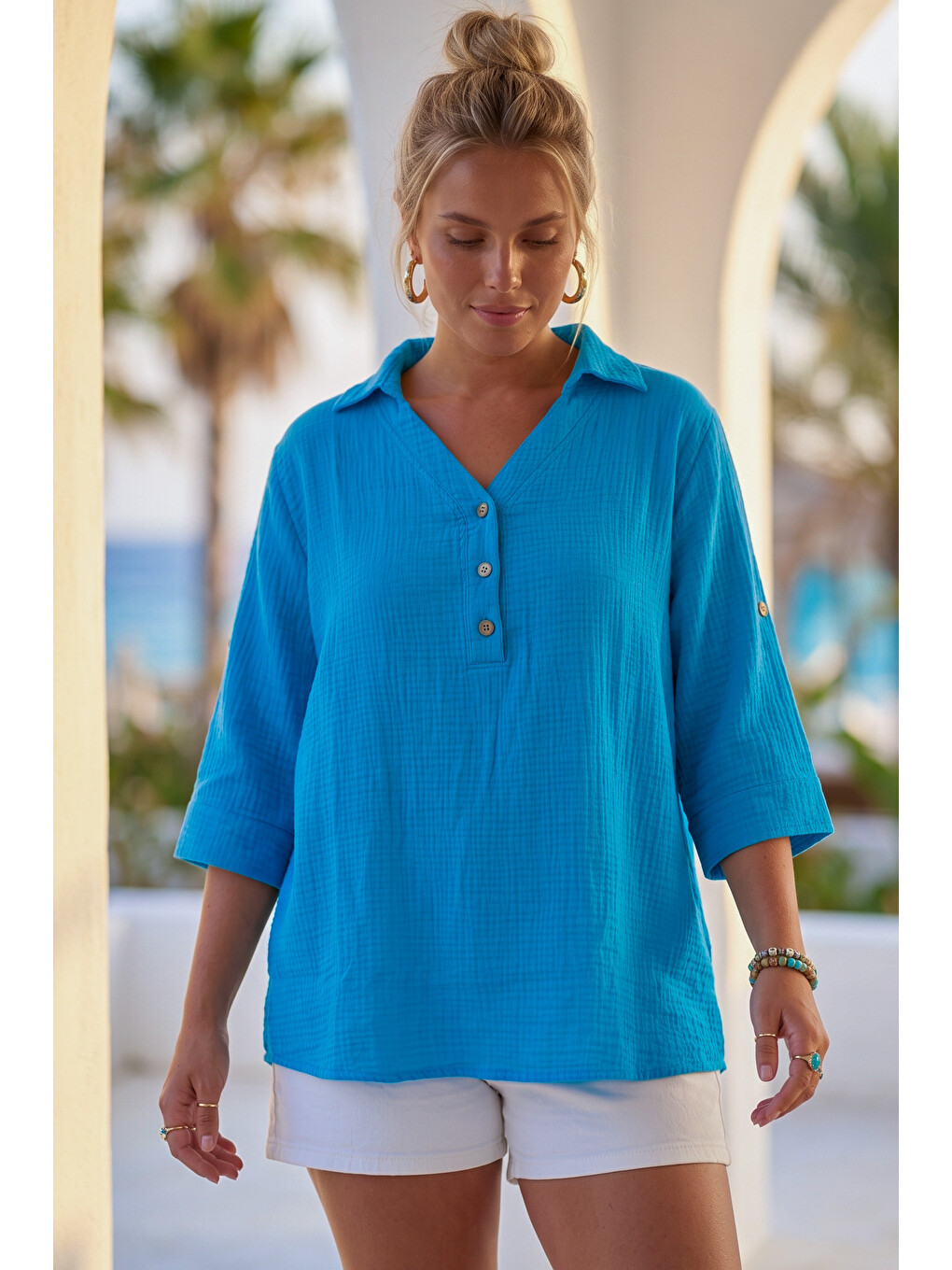 Açık Mavi Gömlek Yaka Düğmeli 3/4 Kol Casual Müslin Oversize Dokuma 67 67-5