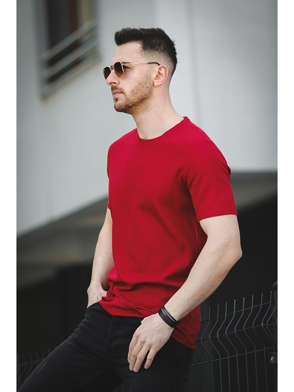 Bordo Ronath Slim Fit Waffle Desen Bisiklet Yaka Basic Erkek Tişört-1