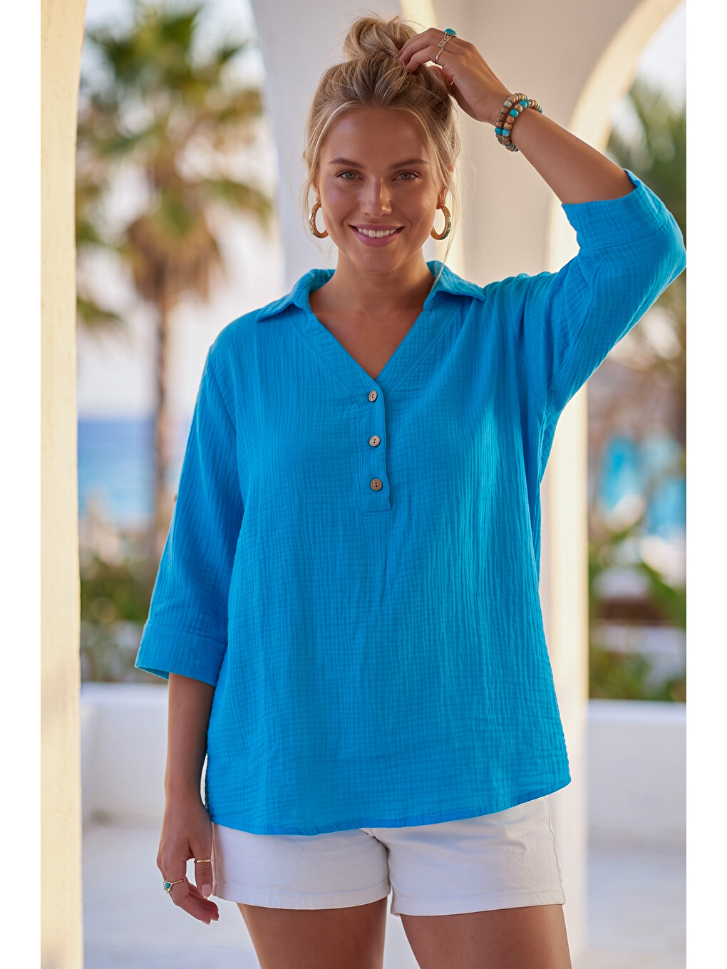 Açık Mavi Gömlek Yaka Düğmeli 3/4 Kol Casual Müslin Oversize Dokuma 67 67-6