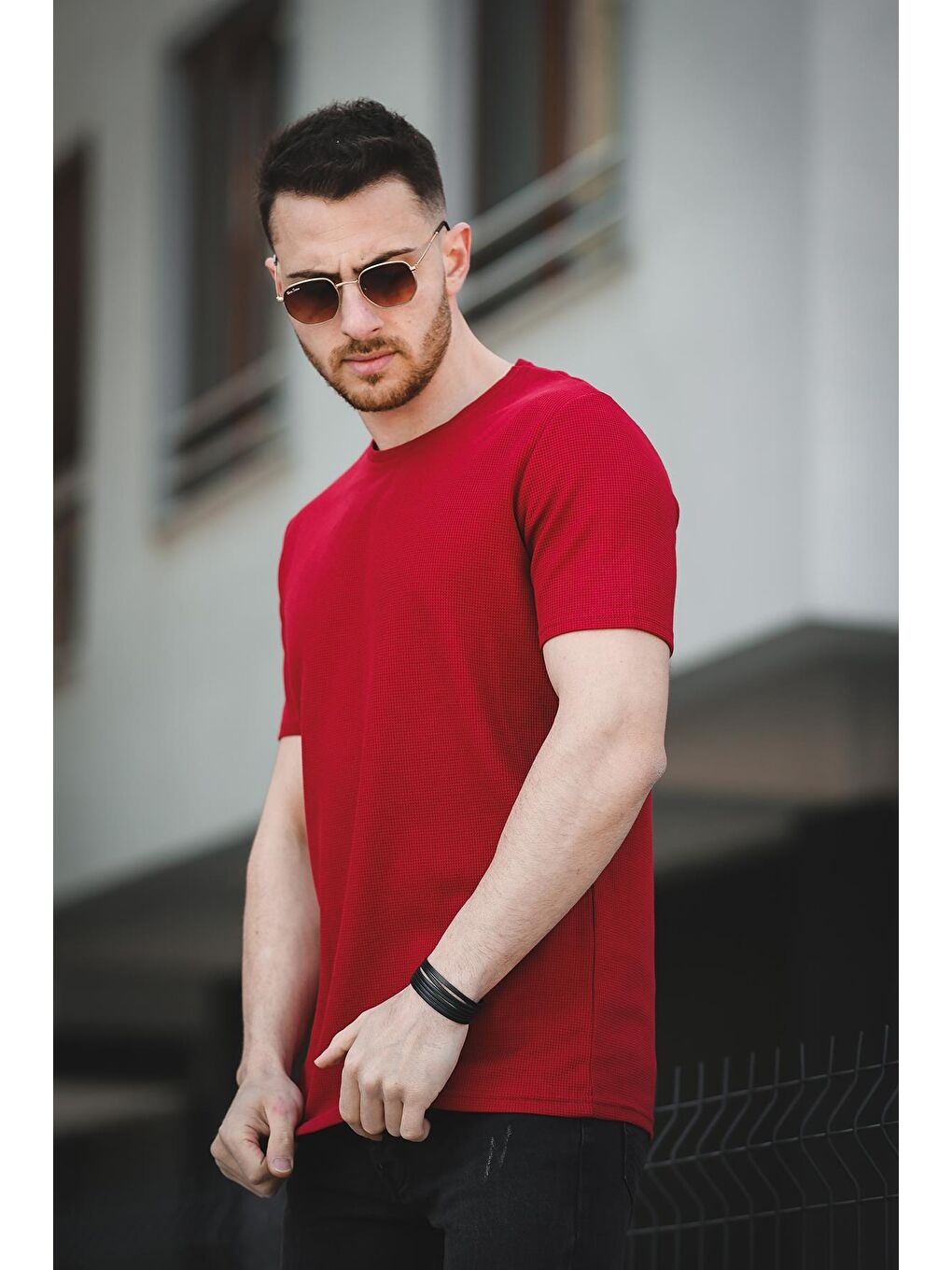 Bordo Ronath Slim Fit Waffle Desen Bisiklet Yaka Basic Erkek Tişört-2